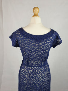 Late 1940s Navy Blue Lace Dress With Purple Trim