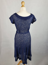 Load image into Gallery viewer, Late 1940s Navy Blue Lace Dress With Purple Trim
