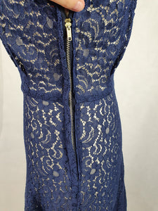 Late 1940s Navy Blue Lace Dress With Purple Trim