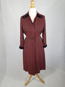 1940s/1950s Red and Black Checked Dress with Velvet Collar and Cuffs