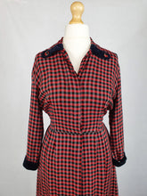 Load image into Gallery viewer, 1940s/1950s Red and Black Checked Dress with Velvet Collar and Cuffs
