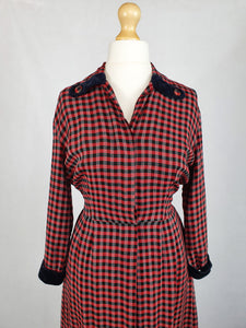 1940s/1950s Red and Black Checked Dress with Velvet Collar and Cuffs