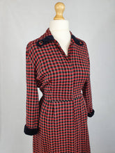 Load image into Gallery viewer, 1940s/1950s Red and Black Checked Dress with Velvet Collar and Cuffs
