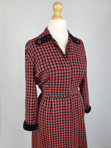 1940s/1950s Red and Black Checked Dress with Velvet Collar and Cuffs