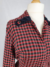 Load image into Gallery viewer, 1940s/1950s Red and Black Checked Dress with Velvet Collar and Cuffs
