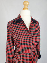 Load image into Gallery viewer, 1940s/1950s Red and Black Checked Dress with Velvet Collar and Cuffs
