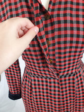 Load image into Gallery viewer, 1940s/1950s Red and Black Checked Dress with Velvet Collar and Cuffs
