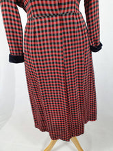 Load image into Gallery viewer, 1940s/1950s Red and Black Checked Dress with Velvet Collar and Cuffs
