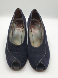 1940s Navy Suede Peep Toe Court Shoes
