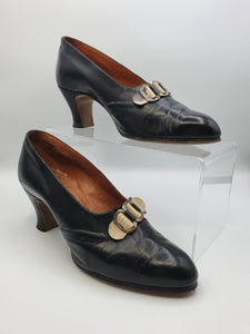 1930s Black Leather Shoes With Mock Snakeskin Buckle Front