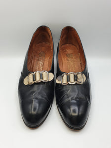1930s Black Leather Shoes With Mock Snakeskin Buckle Front
