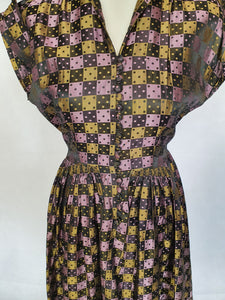 1950s Novelty Domino Print Green and Purple Dress
