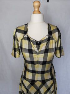 1940s Yellow, Black and White Plaid Long Silky Taffeta Dress