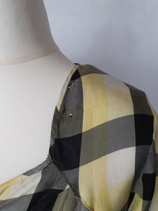 1940s Yellow, Black and White Plaid Long Silky Taffeta Dress