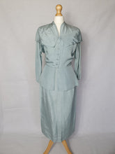 Load image into Gallery viewer, 1940s Pale Blue Silk Suit With Peplum Collar and Raglan Sleeve
