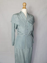 Load image into Gallery viewer, 1940s Pale Blue Silk Suit With Peplum Collar and Raglan Sleeve
