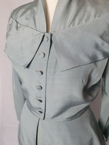 1940s Pale Blue Silk Suit With Peplum Collar and Raglan Sleeve