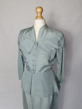 Load image into Gallery viewer, 1940s Pale Blue Silk Suit With Peplum Collar and Raglan Sleeve
