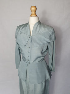 1940s Pale Blue Silk Suit With Peplum Collar and Raglan Sleeve