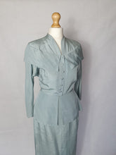 Load image into Gallery viewer, 1940s Pale Blue Silk Suit With Peplum Collar and Raglan Sleeve
