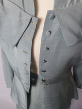 Load image into Gallery viewer, 1940s Pale Blue Silk Suit With Peplum Collar and Raglan Sleeve
