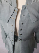 Load image into Gallery viewer, 1940s Pale Blue Silk Suit With Peplum Collar and Raglan Sleeve
