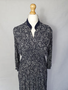 1940s Navy Blue and White Paisley Print Dress