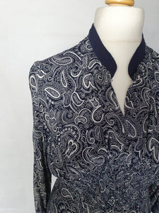 1940s Navy Blue and White Paisley Print Dress