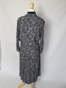 1940s Navy Blue and White Paisley Print Dress