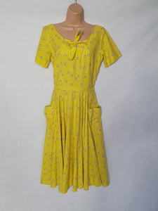 1950s Rare Horrockses Yellow, Black and White Spotty Print Dress