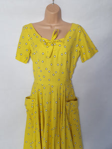 1950s Rare Horrockses Yellow, Black and White Spotty Print Dress