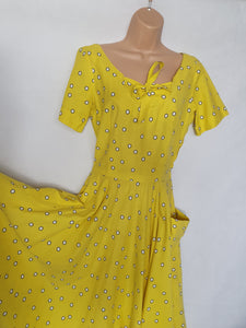 1950s Rare Horrockses Yellow, Black and White Spotty Print Dress