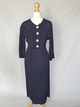 Load image into Gallery viewer, 1930s Navy Blue and White Spotty Print Crepe Dress
