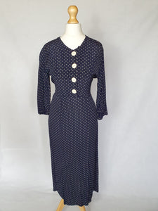 1930s Navy Blue and White Spotty Print Crepe Dress