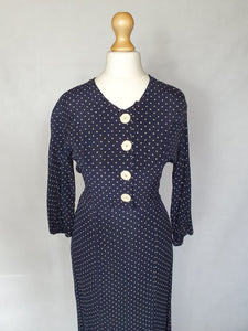 1930s Navy Blue and White Spotty Print Crepe Dress