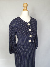 Load image into Gallery viewer, 1930s Navy Blue and White Spotty Print Crepe Dress
