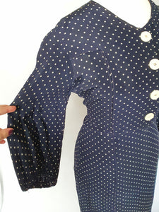 1930s Navy Blue and White Spotty Print Crepe Dress
