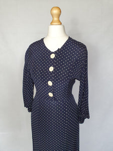 1930s Navy Blue and White Spotty Print Crepe Dress