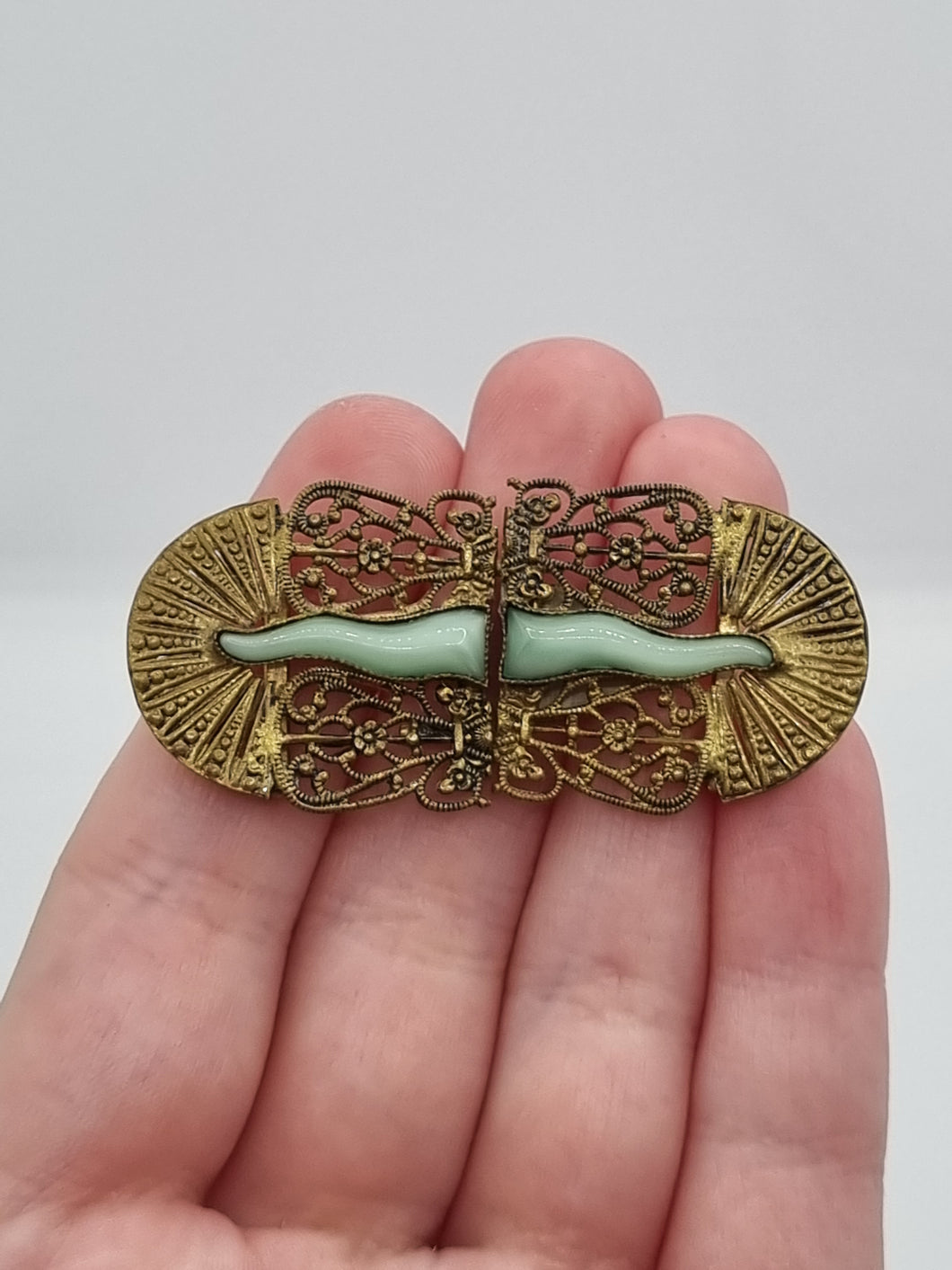 1930s Art Deco Czech Mint Green Glass Filigree Buckle