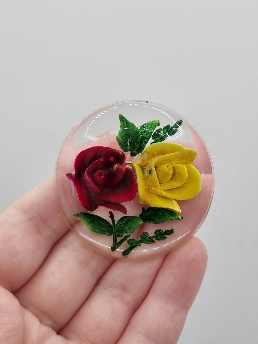1940s Yellow and Red Flower Reverse Csrved Lucite Brooch
