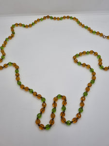 1930s Deco Orange and Green Glass Long Knotted Necklace