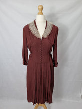 Load image into Gallery viewer, 1930s Marroon Brown/Red Damask Dress With Lace Collar
