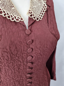 1930s Marroon Brown/Red Damask Dress With Lace Collar