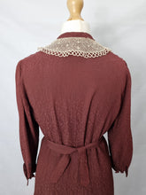 Load image into Gallery viewer, 1930s Marroon Brown/Red Damask Dress With Lace Collar
