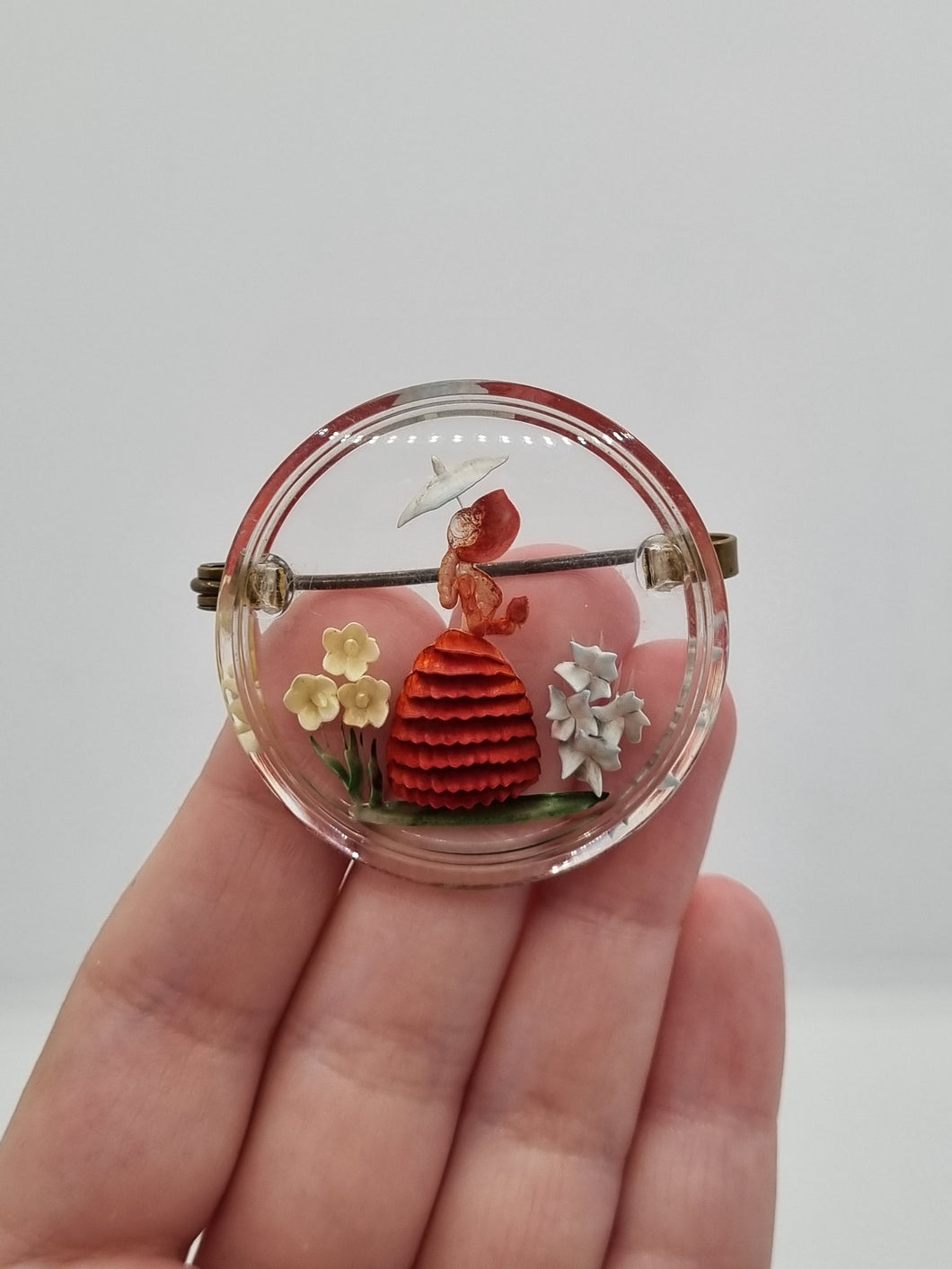 1940s Reverse Carved Lucite Crinoline Lady Brooch