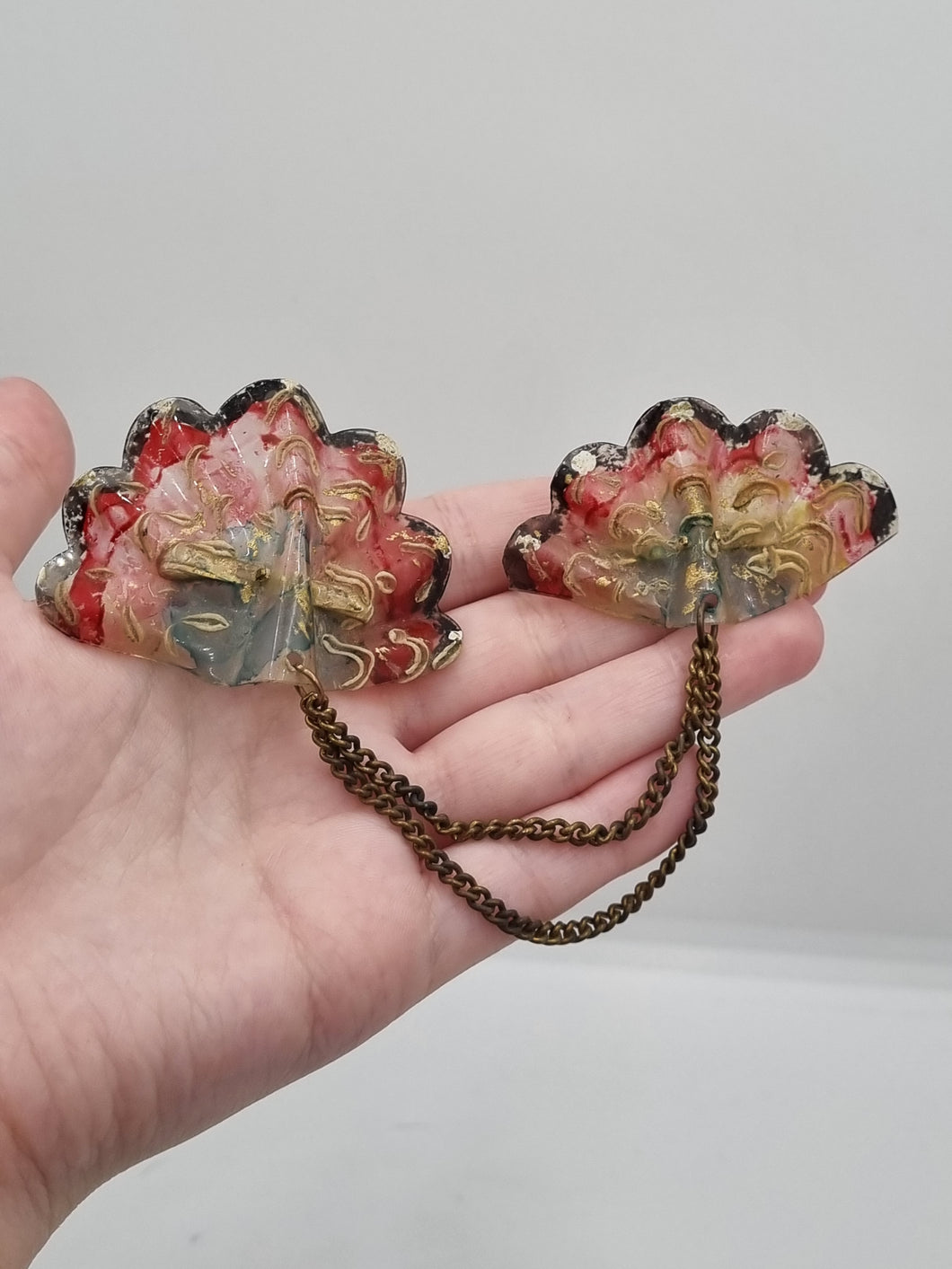 1940s Handmade Rare Early Celluloid Fan Chatelaine Brooch