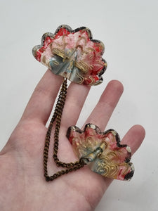 1940s Handmade Rare Early Celluloid Fan Chatelaine Brooch