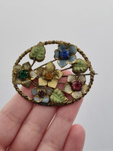 Load image into Gallery viewer, 1930s Czech Bright Glass and Enamel Multicoloured Flower Leaf Brooch
