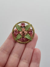 Load image into Gallery viewer, 1930s Czech Pink Glass Green Enamel Brooch
