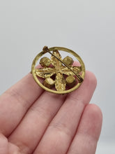 Load image into Gallery viewer, 1930s Czech Pink Glass Green Enamel Brooch
